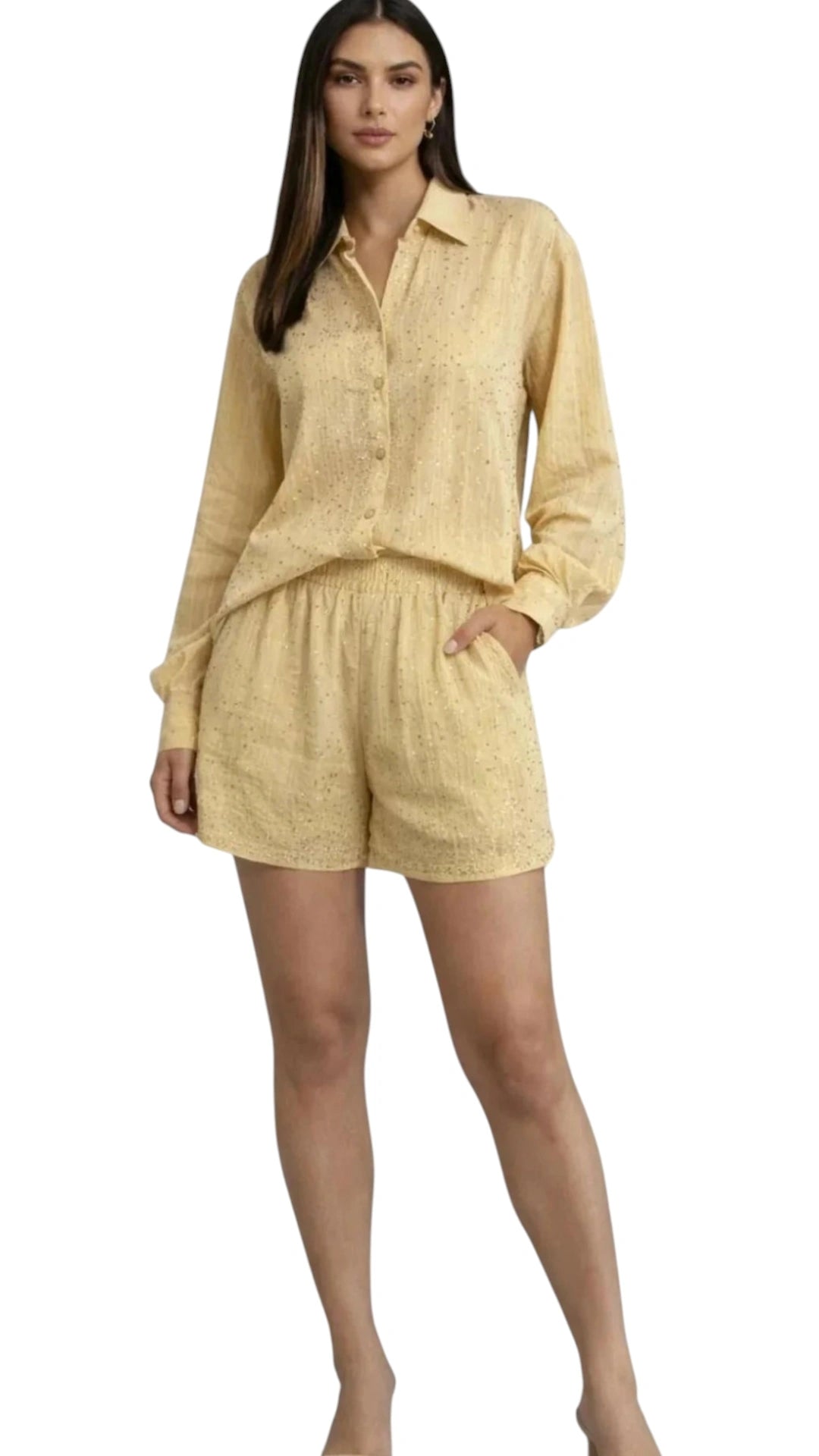 Set short y camisa brillos dorados