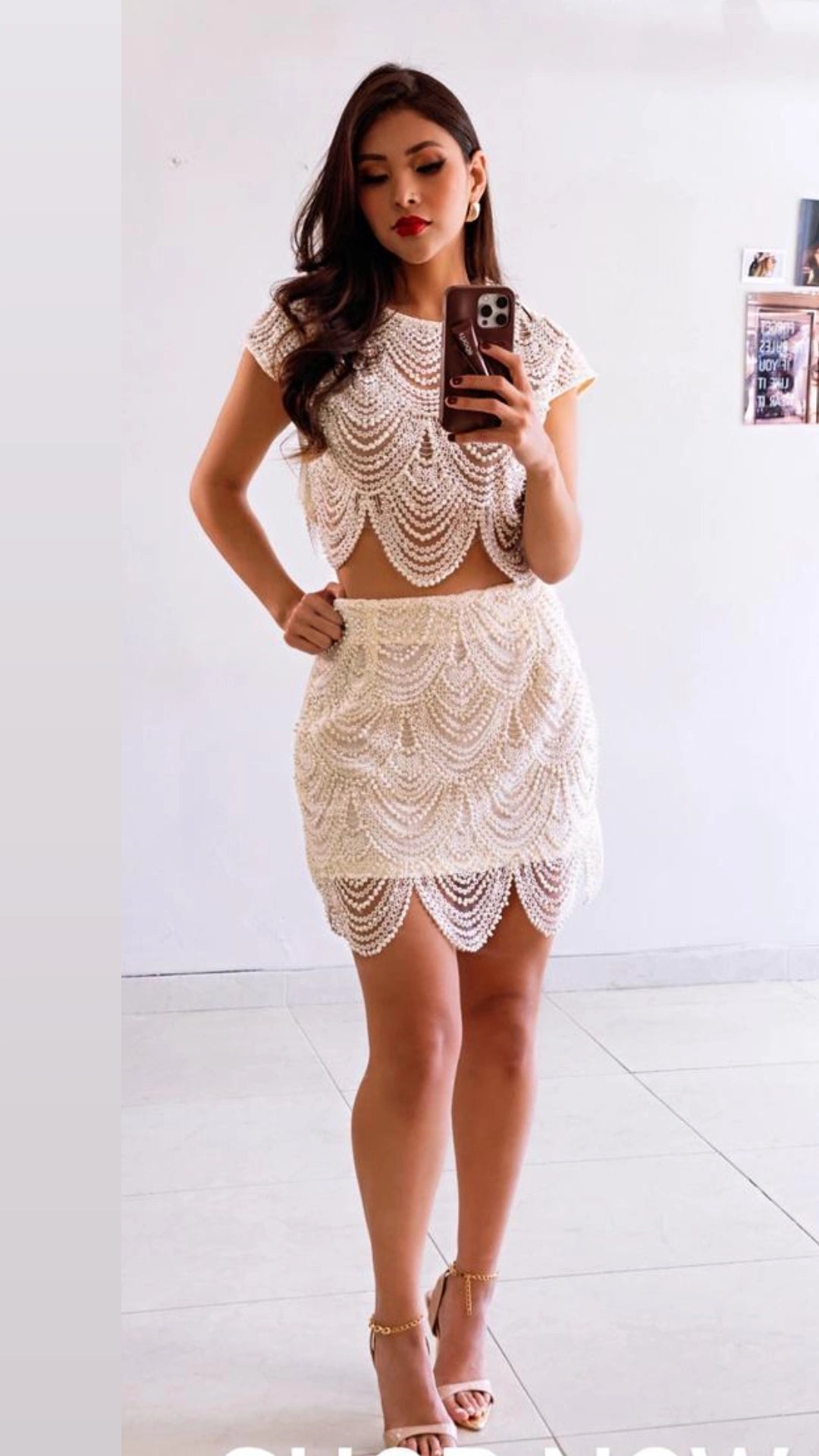 Set falda blusa perlas