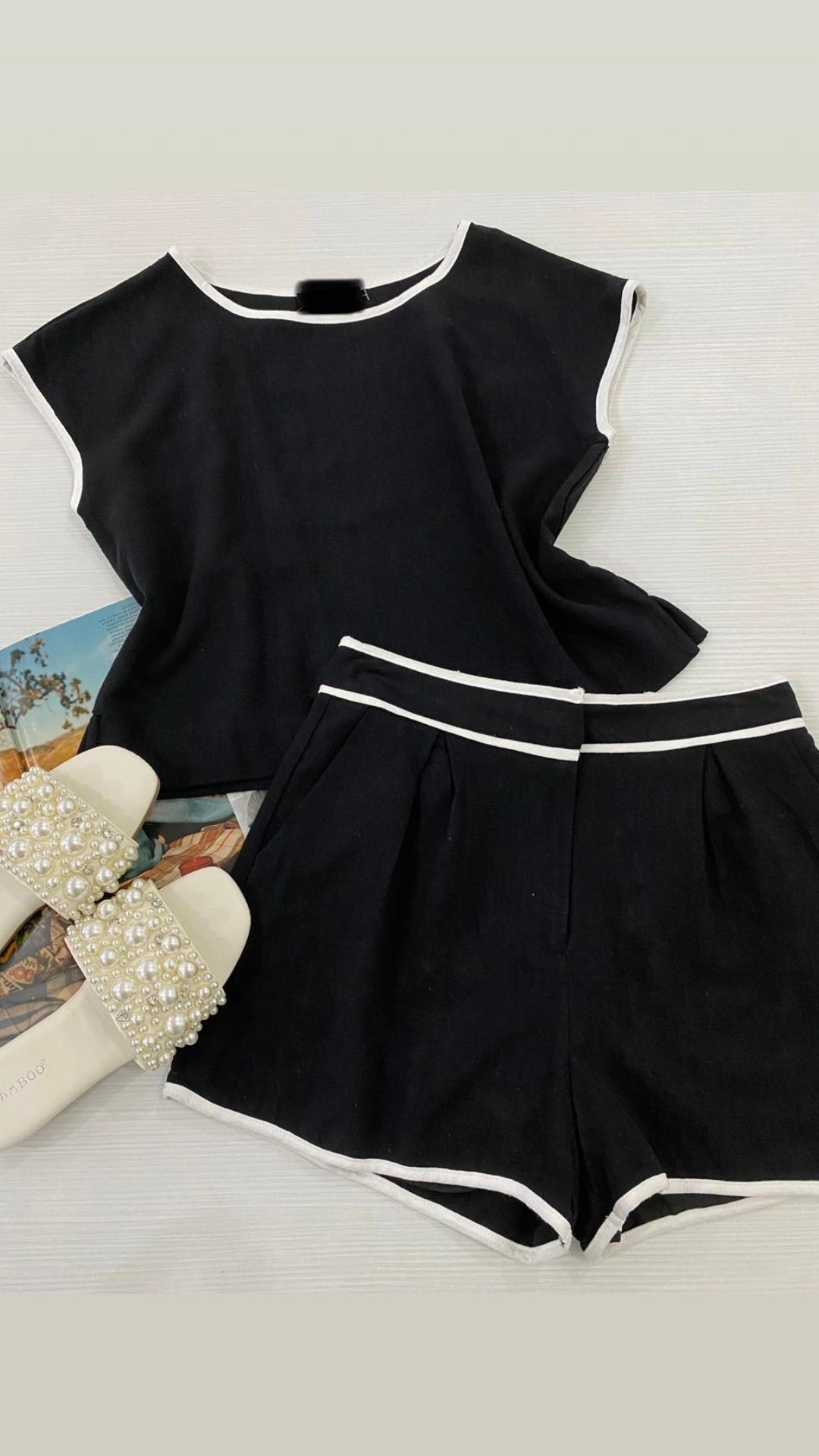 Set short blusa lino negro