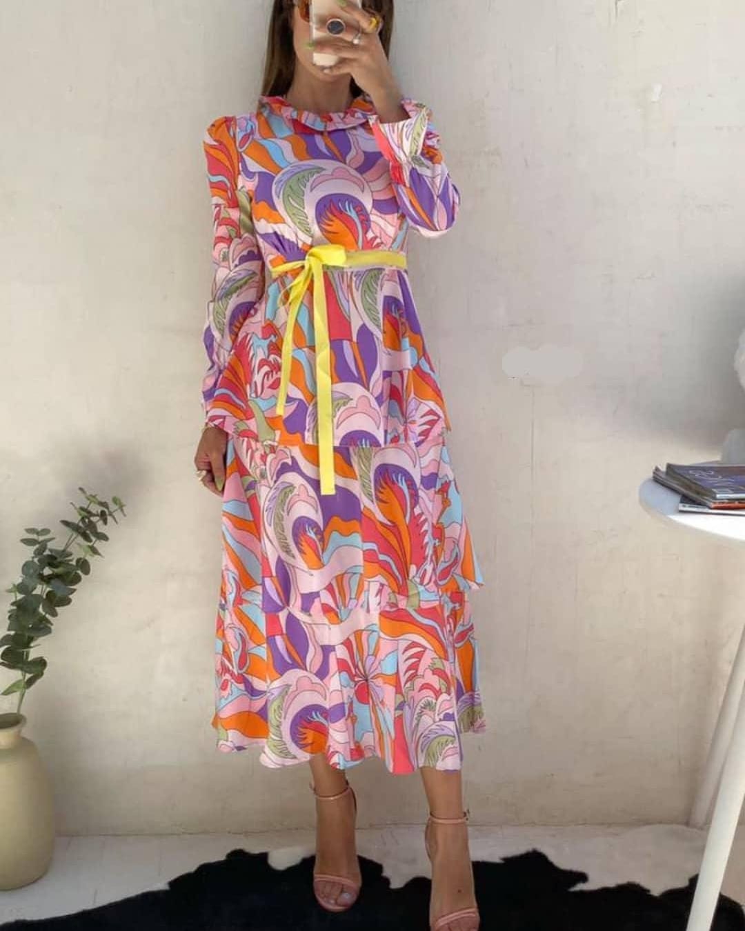 Vestido manga larga olanes tonos rosa y lila – AMALU BOUTIQUE