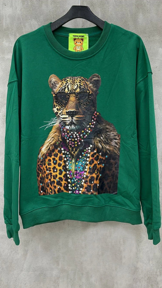 Sudadera verde estampado leopardo