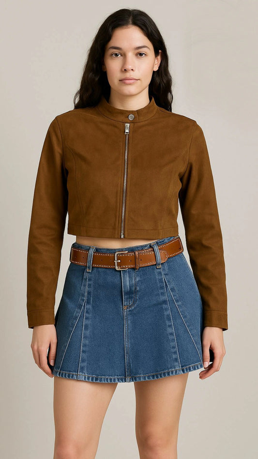 Chamarra crop SUEDE cafe