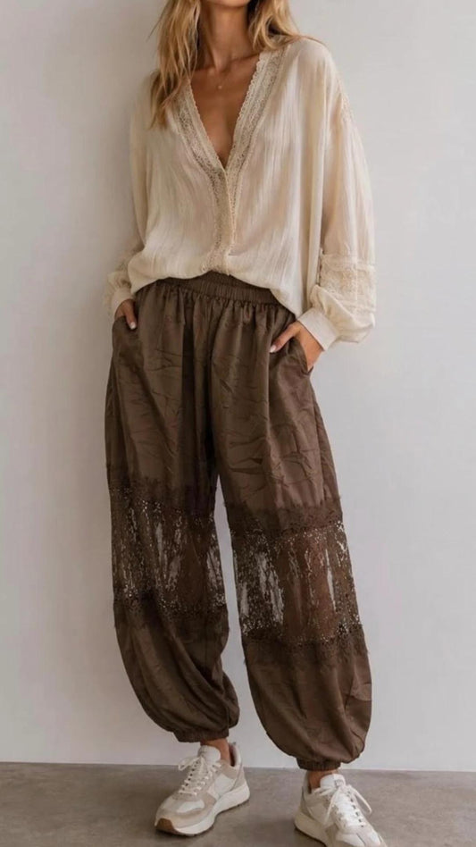 Pantalón con panel de encaje tonos marrón