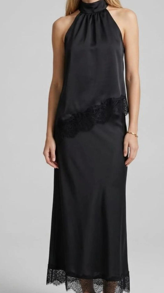 Set falda blusa satinado negro con encaje