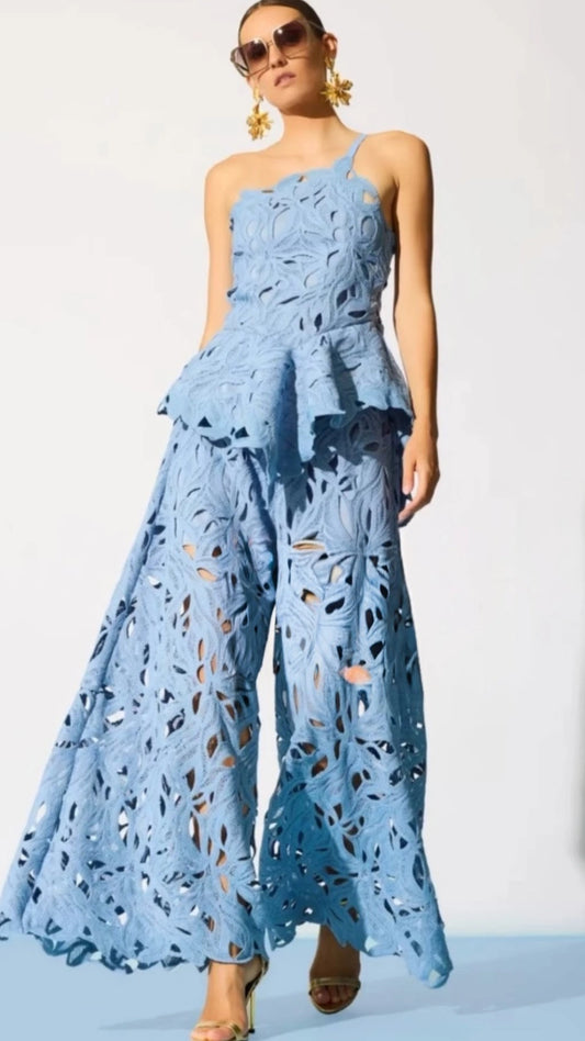 Set encaje pantalón y blusa azul