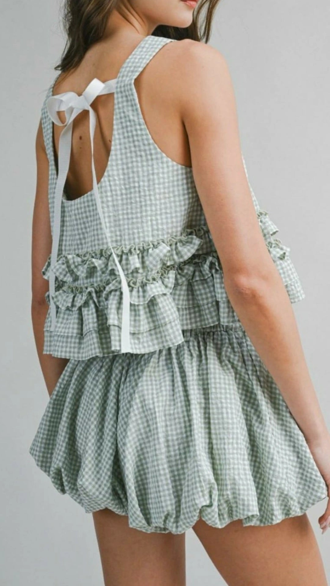 Set short globo y blusa estampado vichy verde