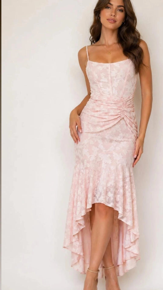 Vestido encaje rosa midi