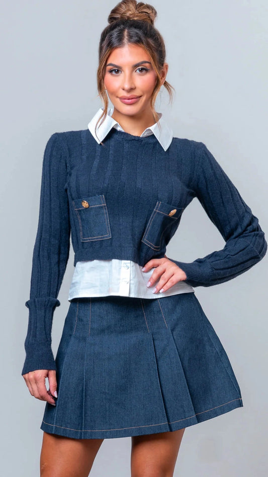 Set falda denim suéter punto