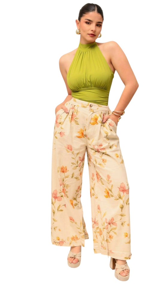 Pantalón globo flores denim