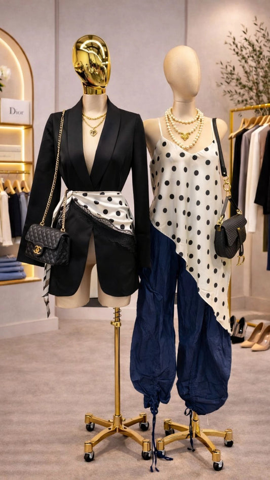 Set blusa asimétrica lunares con pañoleta