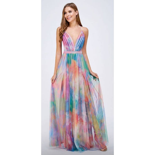 Vestido tul colores con aberturas enfrente